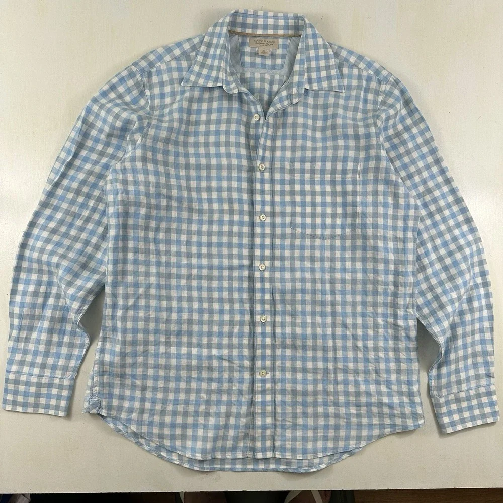 Banana Republic 100% Linen Shirt Men Medium White Blue Gingham Plaid Long Sleeve